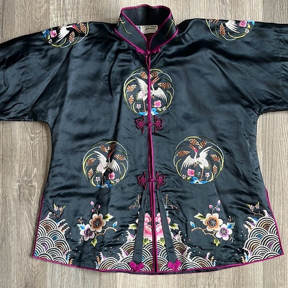 Vintage 1960s Chinese 100% Silk Black Embroidered Jacket Mandarin Collar Medium - Picture 13 of 16